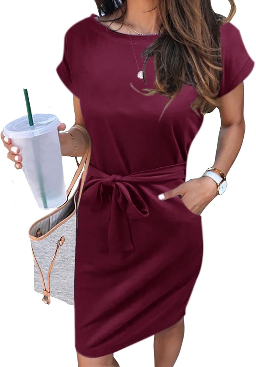 MEROKEETY Women's Summer Striped Short Sleeve T Shirt Dress Casual Tie Waist with Pockets
