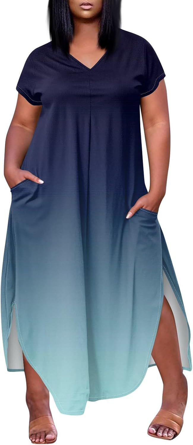 Maxi Dresses for Women 2025 Plus Size Tie Dye V Neck Dress Short Sleeve Side Split Beach Summer Sundress with Pocket