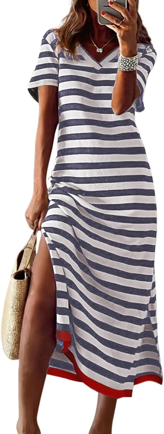 Dokotoo Summer Dress Casual Womens Fashion Short Sleeve Maxi Dress T Shirt Dress Striped Long Color Block Maxi Dress