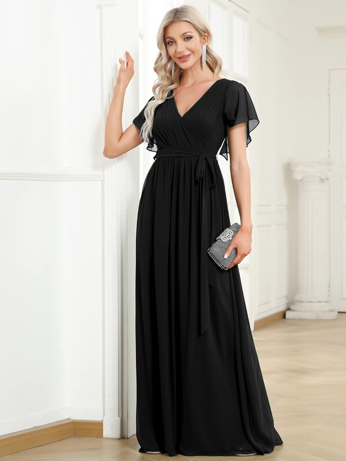 Ever-Pretty Women's Bridesmaid Dress V-Neck Ruffle Sleeves Ruched Bust Floor Length Chiffon Formal Dresses 0164A