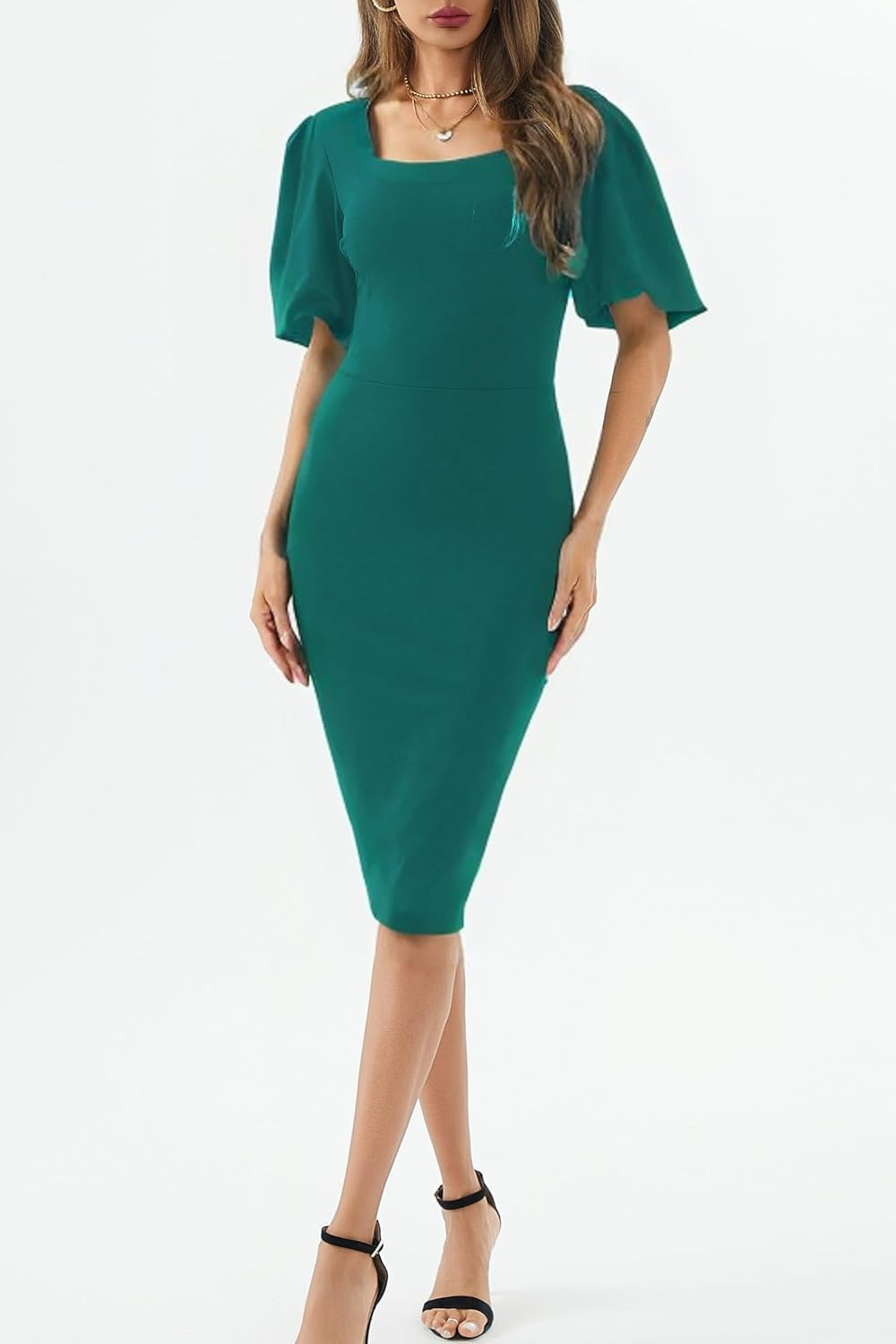 Womens Summer Dresses Square Neck Lantern Sleeve Bodycon Pencil Midi Dress