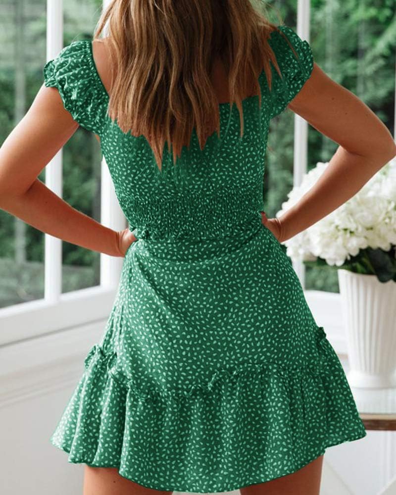 YOBECHO Women's Summer Ruffle Sleeve Sweetheart Neckline Printing Dress Mini Dress