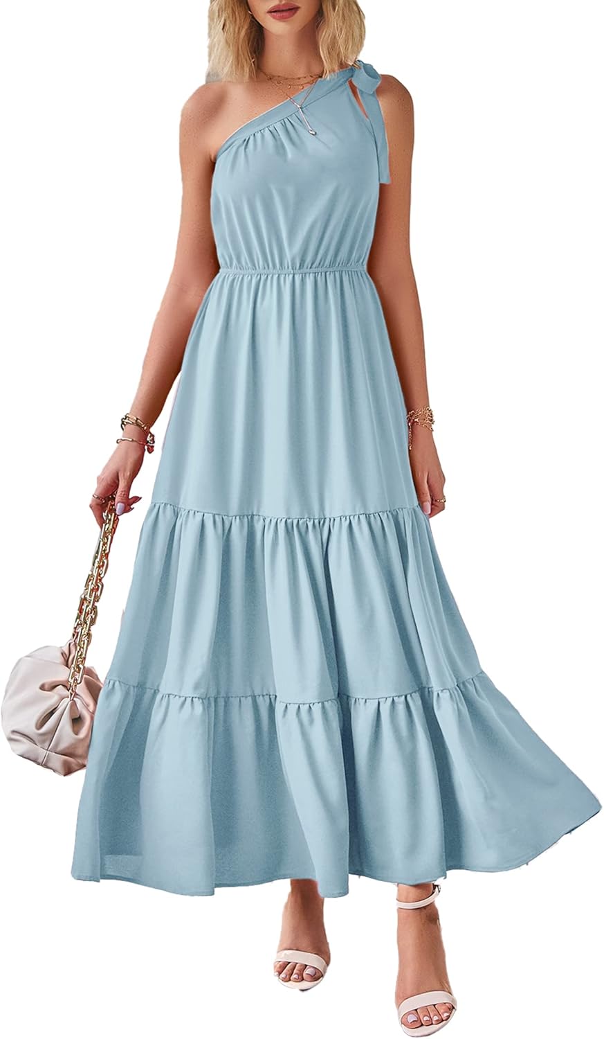 PRETTYGARDEN Women's Summer Floral Maxi Dress Knot One Shoulder Sleeveless Ruffle Flowy Boho Beach Wedding Guest Dresses