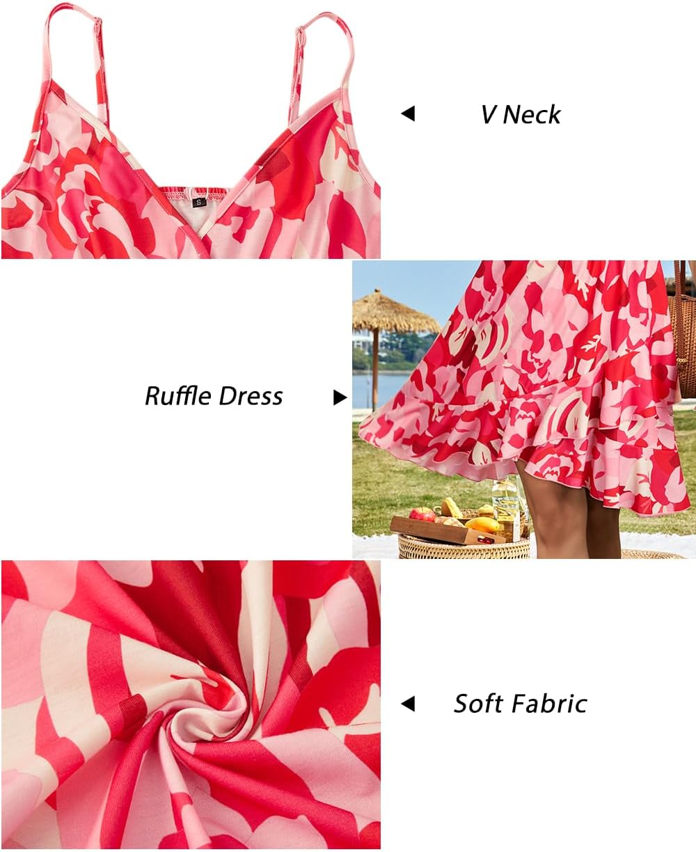ULTRANICE Womens Summer Dresses Floral V Neck Ruffled Hem Spaghetti Spring Casual Beach Outfits Flowy Wrap Sun Dress