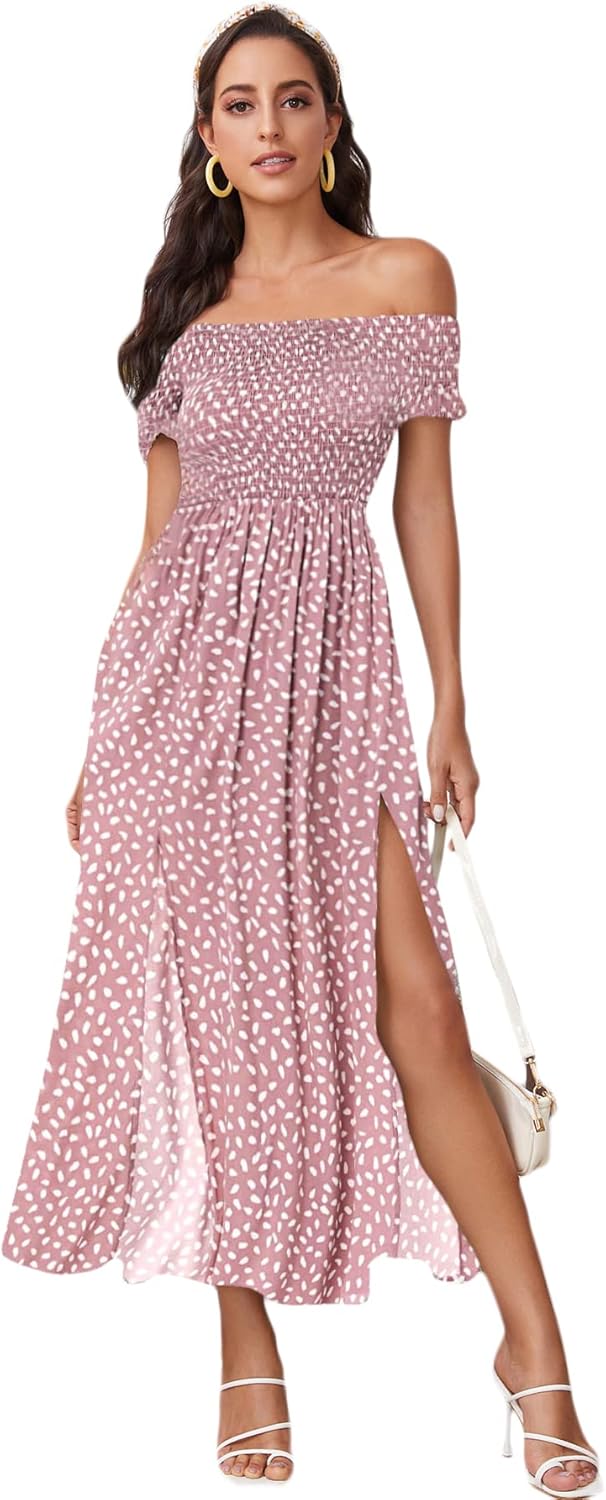 Floerns Women's Boho Floral Print Off Shoulder Split Long A Line Dress