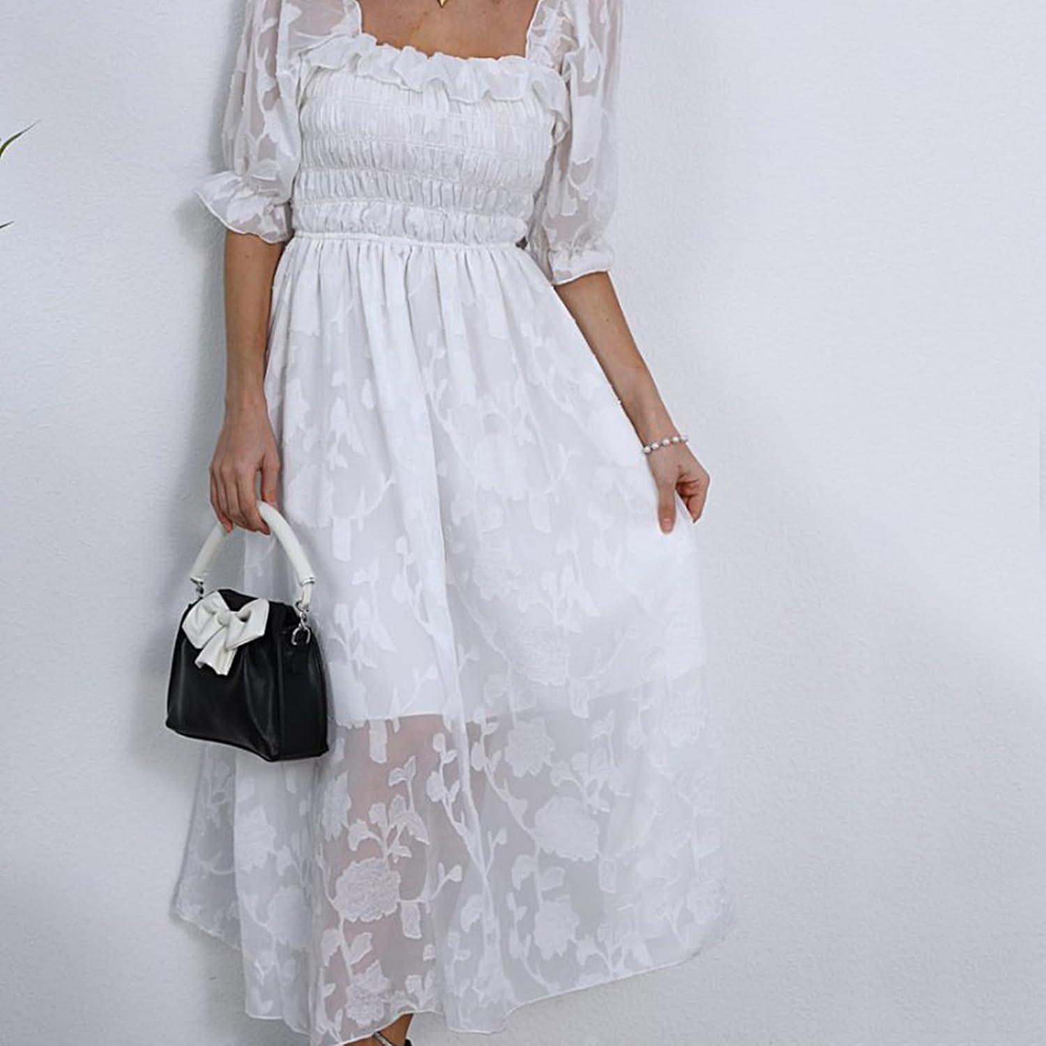 Women Floral Easter Spring Summer Dress Square Neck Chiffon Boho 2025 Maxi Long Wedding Guest Bridal Shower Dresses
