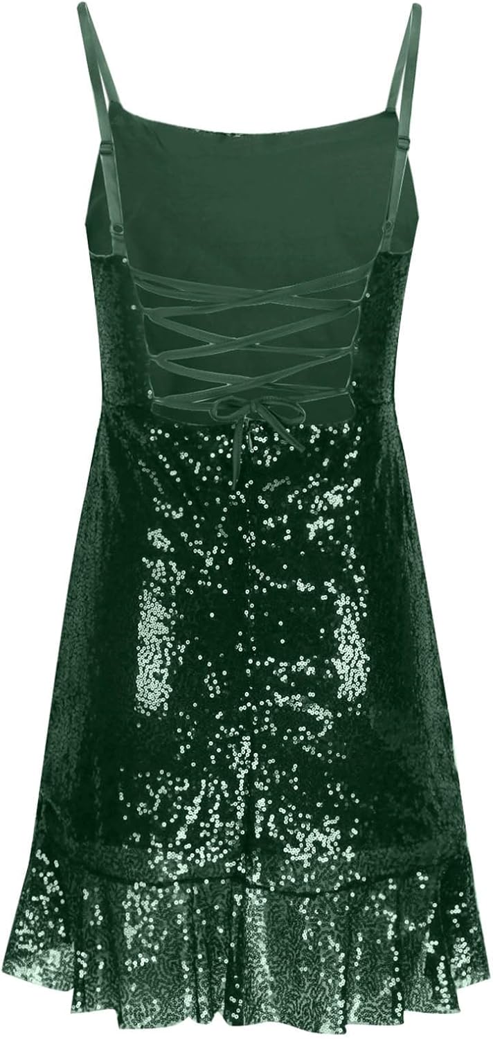 Binmer Women Sparkly Sequin Mini Dress Sexy Glitter Spaghetti Strap Backless Ruffle Hem Cami Short Mini Club Party Dresses