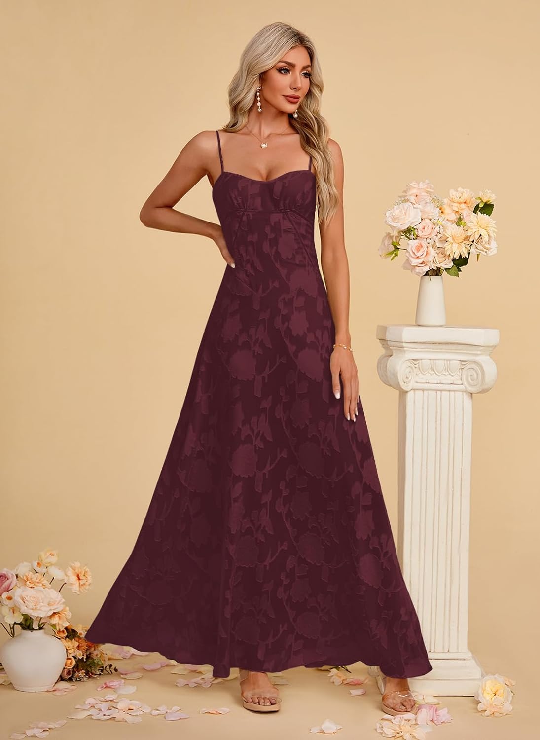 Women's Elegant Wedding Guest Dress Spaghetti Straps Floral Sleeveless Formal Dress Maxi Gown