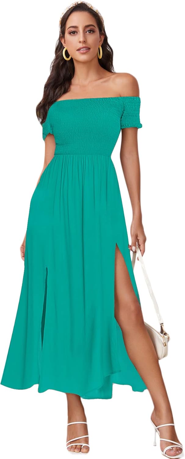 Floerns Women's Boho Floral Print Off Shoulder Split Long A Line Dress