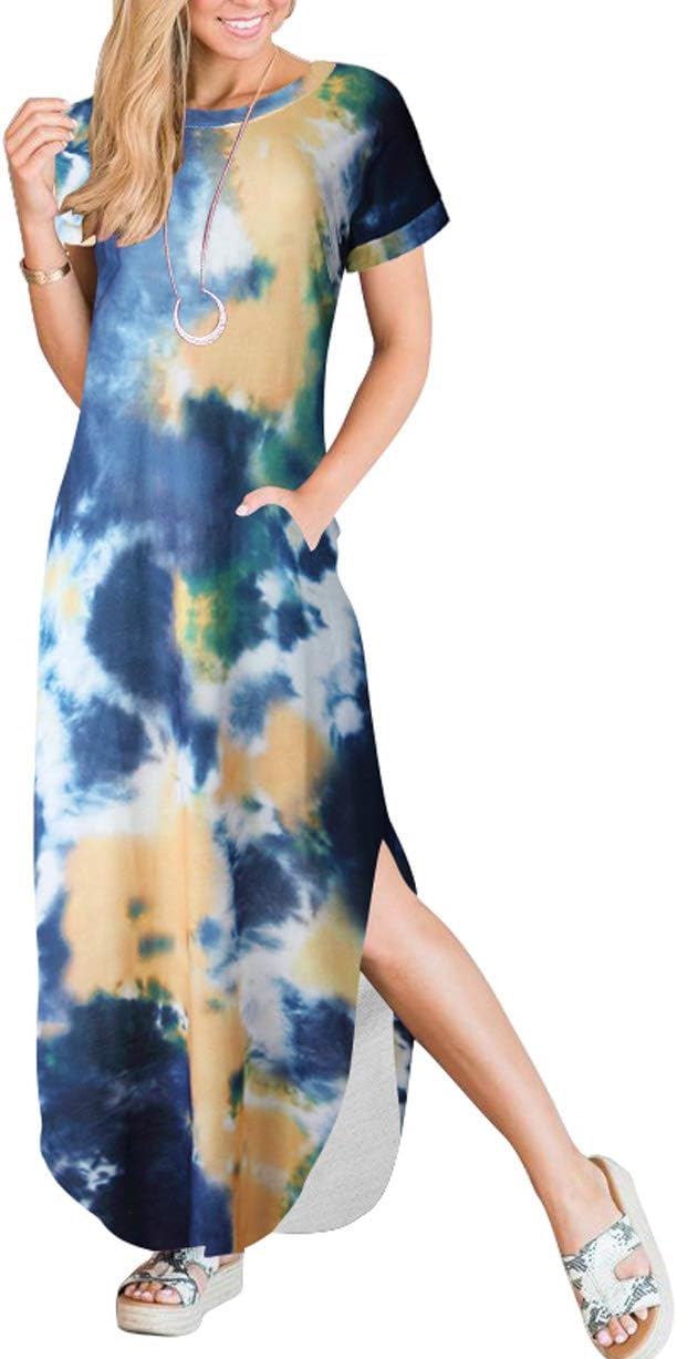 ANRABESS Women's Summer Casual Loose Short Sleeve Long T Shirt Dress Split Maxi Beach Sundress Travel Vacation Outfits