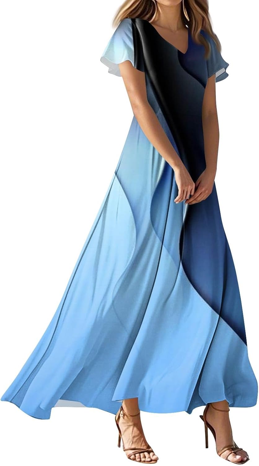 Womens Fashion V Neck Ruffle Short Sleeve Maxi Dress 2025 Summer Elegant Solid Color Flowy A Line Dresses