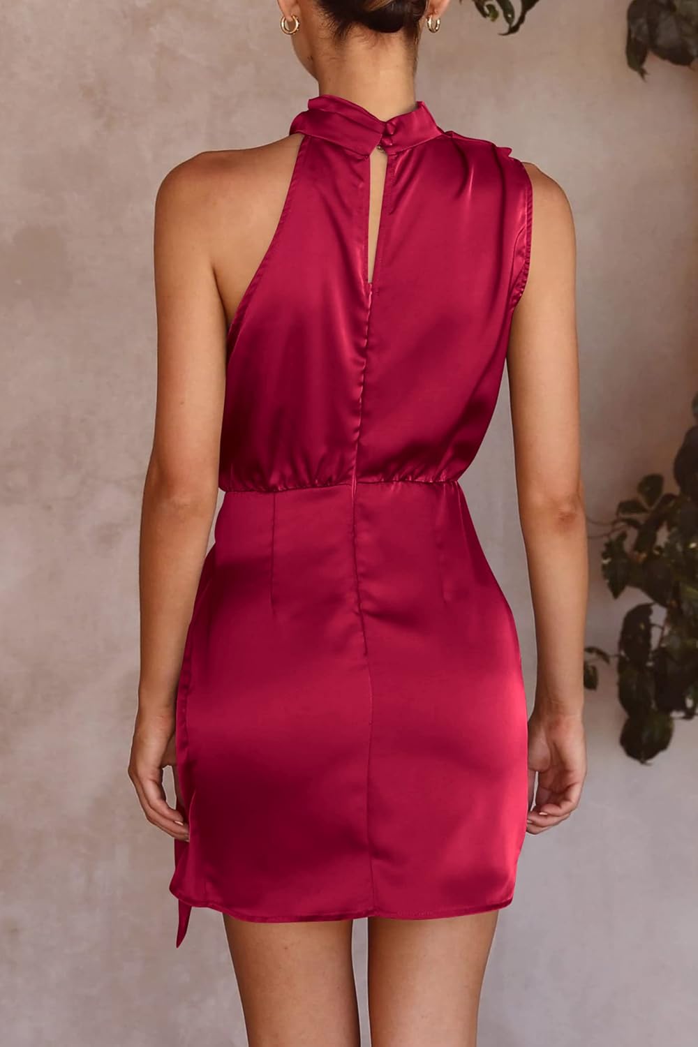 PRETTYGARDEN Women's Short Formal Satin Dress Summer Sleeveless Mock Neck Tie Waist Cocktail Party Dresses