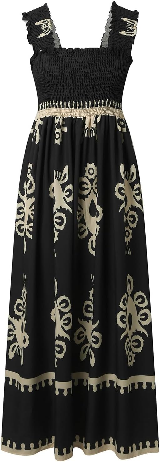 Women's Summer Dresses Sleeveless Casual Boho Maxi Long Dress Square Neck Smocked Floral Beach Vacation Sundresses 3