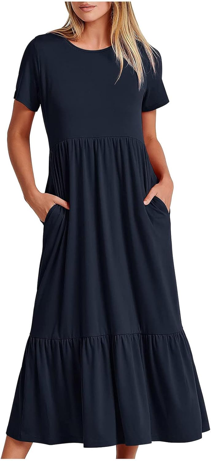 XUNRYAN Summer Dresses for Women 2024 Casual Calf Length Maxi Dress Pleated Flowy Tiered Swing Beach Sundress with Pockets