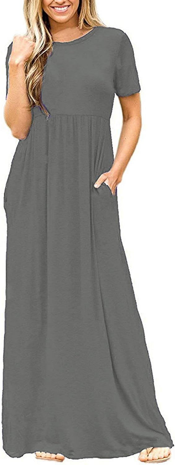 DEARCASE Maxi Dress for Women Short Sleeve Casual Summer Loose Plain Comfy Long Dresses with Pockets