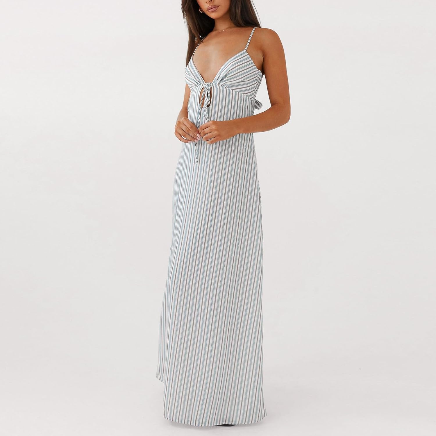 Luckinbaby Women Y2k Spaghetti Strap Maxi Dress V Neck Tie Front Cutout Long Cami Dress Backless Party Wedding Dress