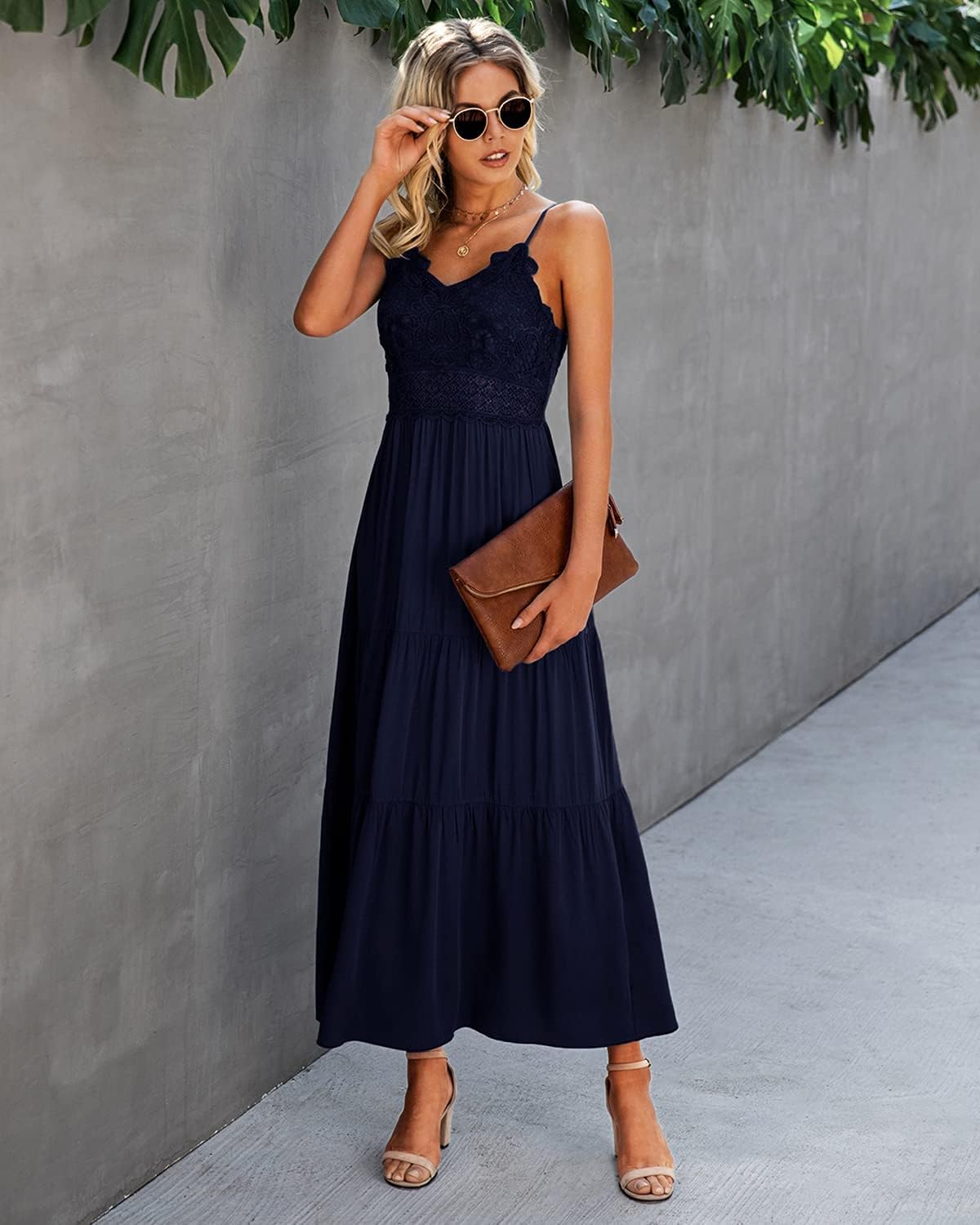 Dokuritu Women's Beach Crochet Lace Maxi Dress Solid Color Summer Vacation Spaghetti Strap Long Dress 2024