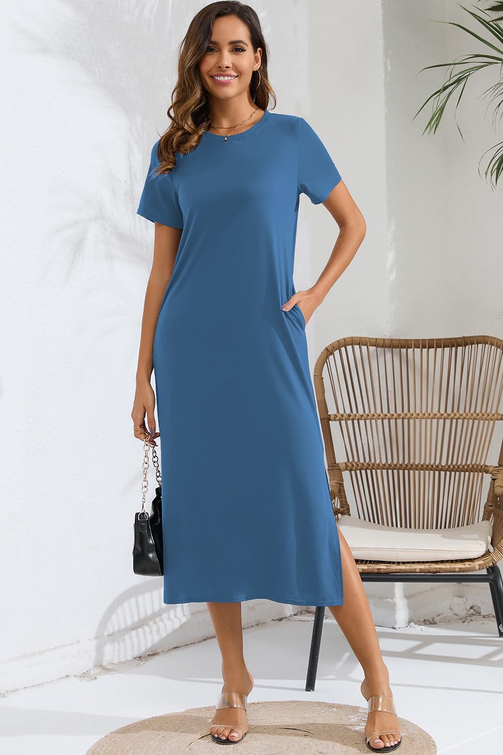 Naggoo Women's Short Sleeve Split Maxi Dress Casual Plain Tie Dye Print Tshirt Long Dresses with Pockets