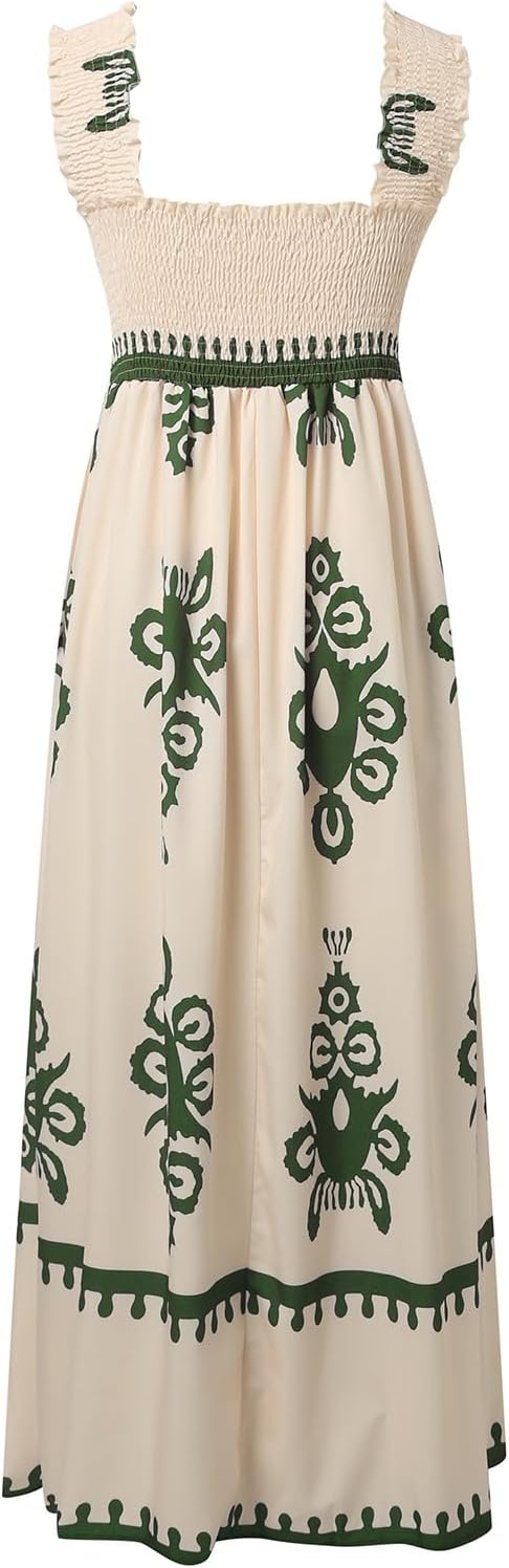 Women's Summer Dresses Sleeveless Casual Boho Maxi Long Dress Square Neck Smocked Floral Beach Vacation Sundresses 3
