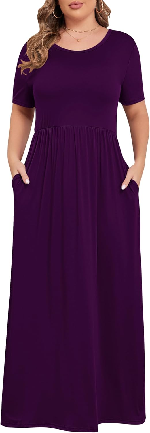 KARALIN Women’s Plus Size Maxi Dresses for Curvy Women Summer Casual Short Sleeve 2025 Long Dress 14W-26W