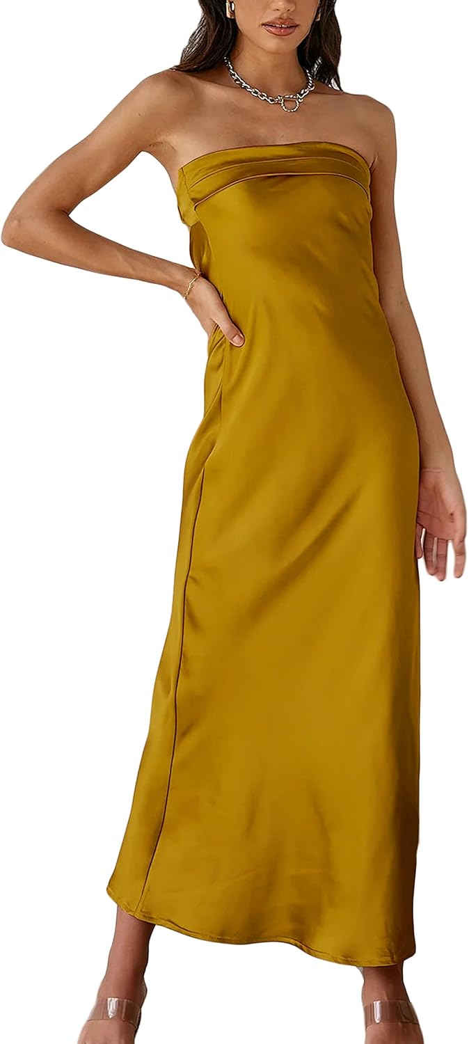 Realtix Satin Silk Backless Tube Tops Maxi Dress for Women Low Back Hollow Out Elegant Strapless Long Dresses Wedding Guest