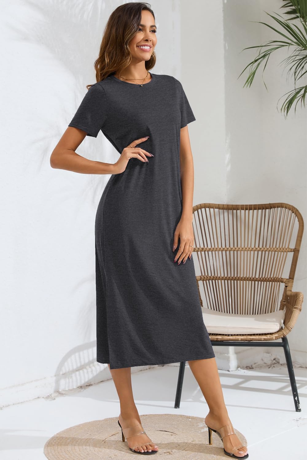 Naggoo Women's Short Sleeve Split Maxi Dress Casual Plain Tie Dye Print Tshirt Long Dresses with Pockets