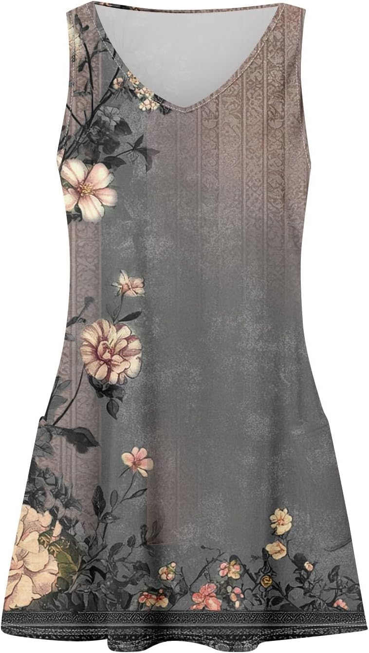 Women's Sleeveless Floral Print Summer Dress Casual V-Neck A-Line Mini Dress for Beach Party and Daily Wear