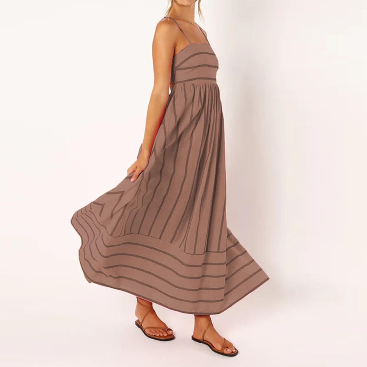 Beach Dresses for Women Summer Striped Back Smocked Maxi Dress Spaghetti Strap Cut Out Flowy A Line Long Sundresses