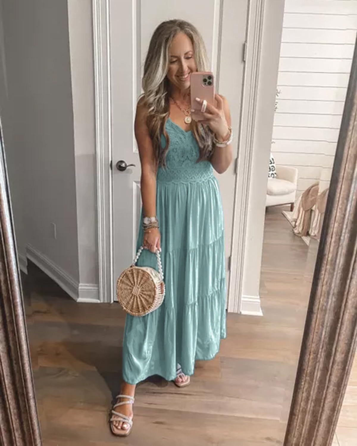 Dokuritu Women's Beach Crochet Lace Maxi Dress Solid Color Summer Vacation Spaghetti Strap Long Dress 2024