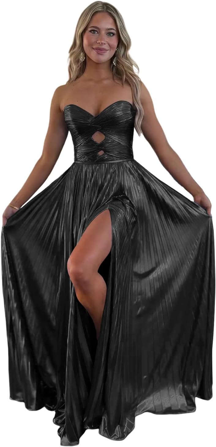 Loyeloy Sparkly Metallic Prom Dresses with Slit A Line Keyhole Satin Long Prom Ball Gowns for Women