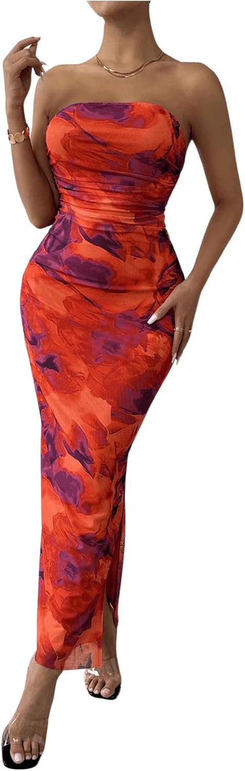 Milumia Women's Printed Strapless Tube Top Long Dress Slit Hem Sleeveless Bodycon Maxi Dresses