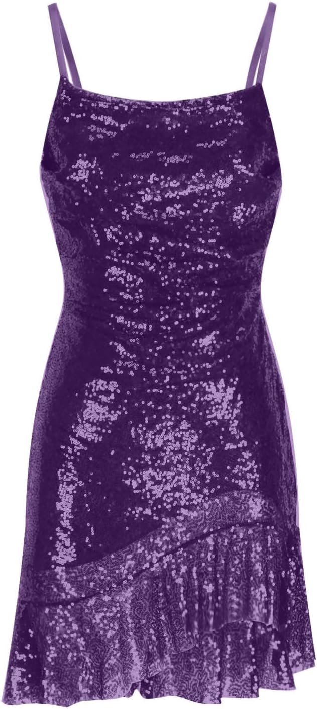Binmer Women Sparkly Sequin Mini Dress Sexy Glitter Spaghetti Strap Backless Ruffle Hem Cami Short Mini Club Party Dresses