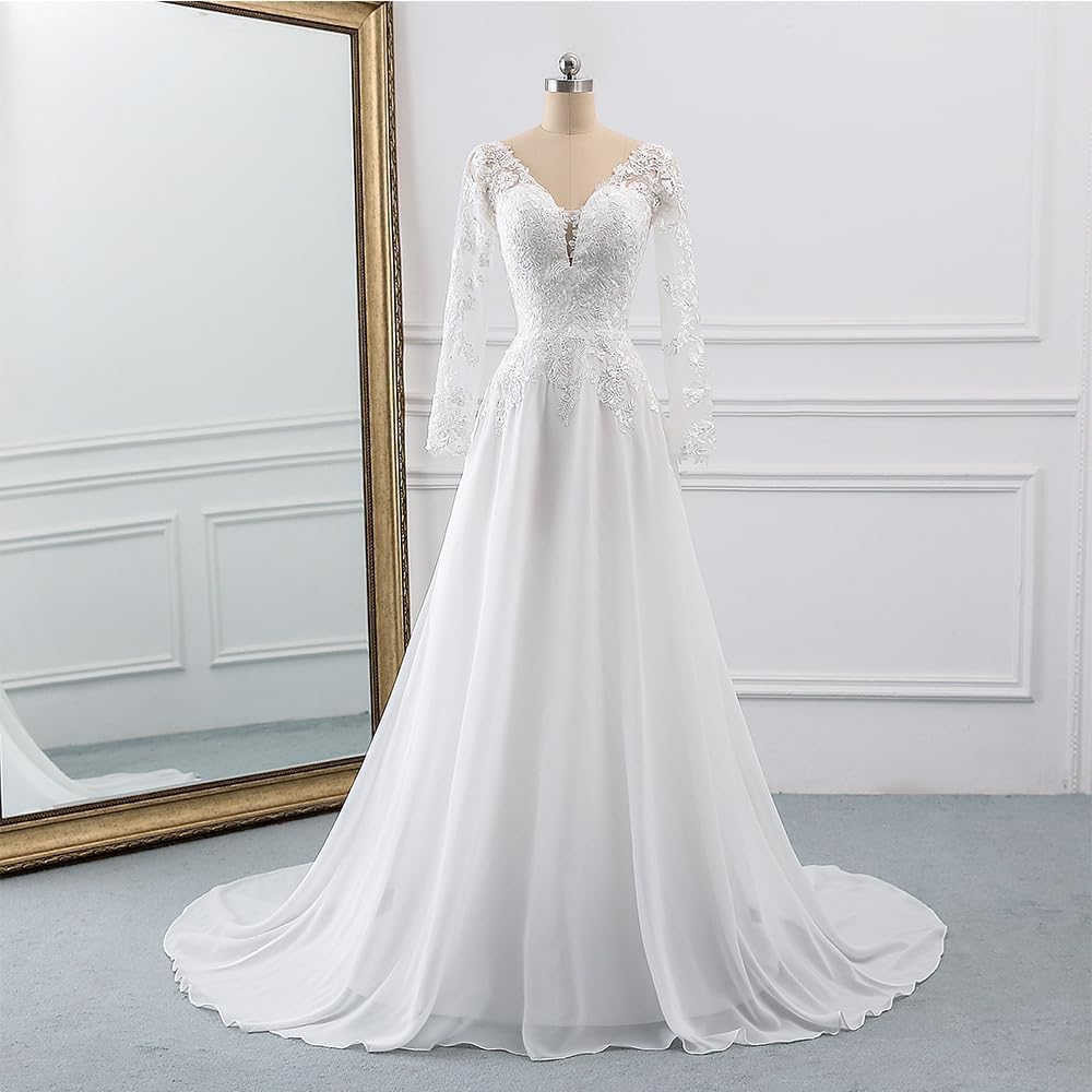 Wedding Dresses for Bride 2025 with Lace Appliques Chiffon A Line Women Dress Long Sleeves Beach Bride Dress