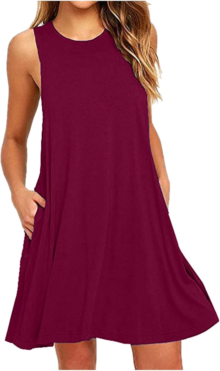 Womens 2025 Boho Beach Dresses Flowy Sleeveless Midi Wedding Dress Cute Crew Neck Summer Tank Sundress with Pockets