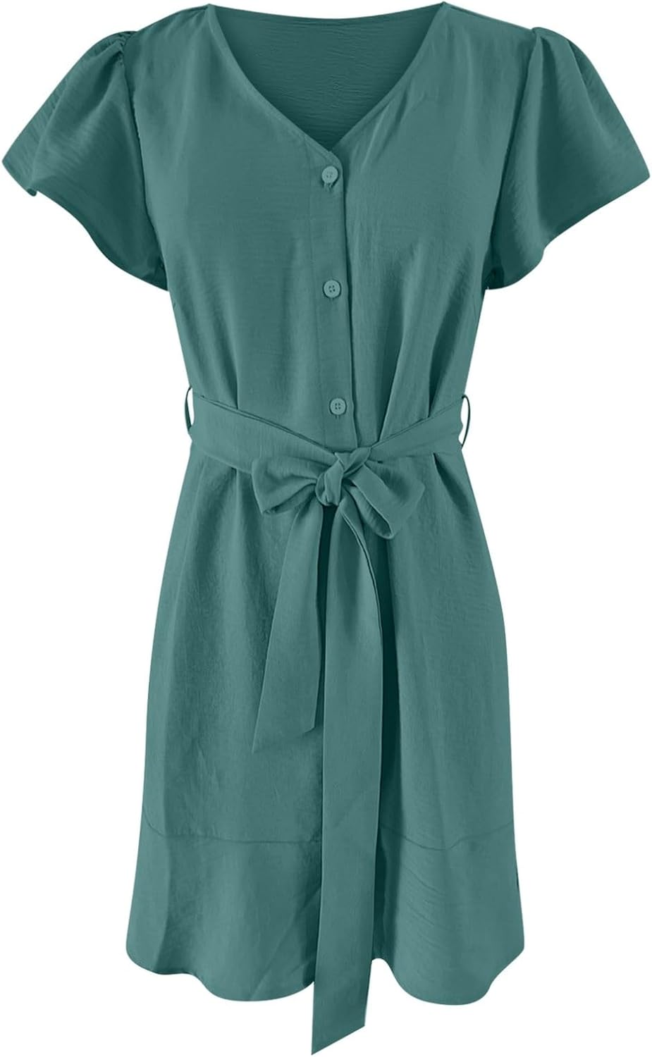 Flowy Dresses for Women,V Neck Button Down Dress Short Sleeve Mini Sundresses Loose Chiffon Shirt Dresses with Belt