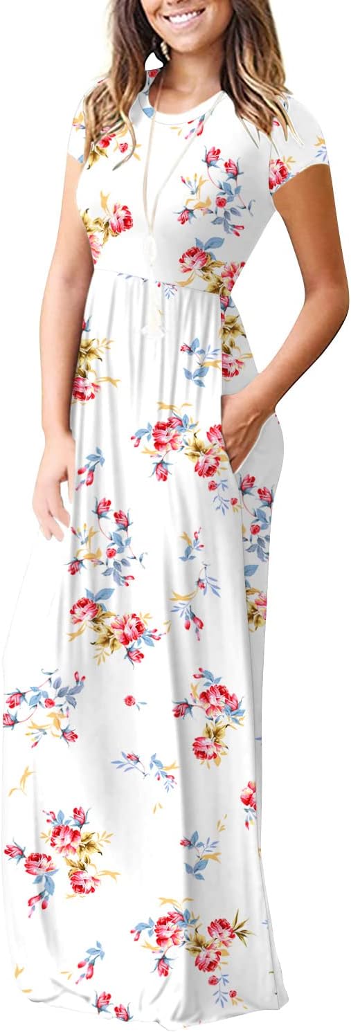 DEARCASE Maxi Dress for Women Short Sleeve Casual Summer Loose Plain Comfy Long Dresses with Pockets