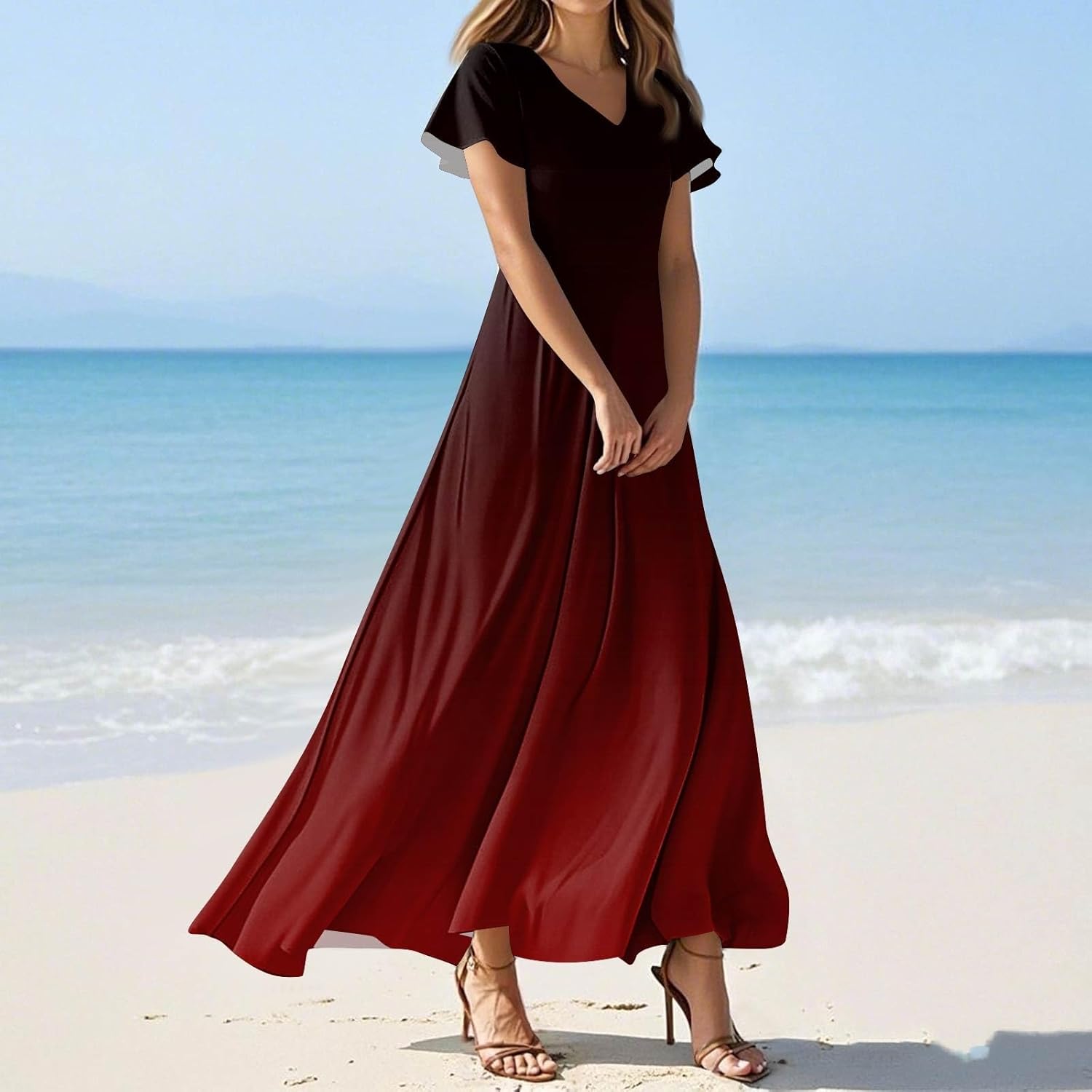 Womens Fashion V Neck Ruffle Short Sleeve Maxi Dress 2025 Summer Elegant Solid Color Flowy A Line Dresses