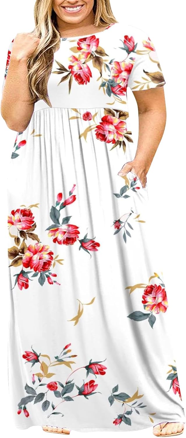Kancystore Women's Short Sleeve Plus Size Maxi Dress with Pockets Loose Casual Summer Dresses