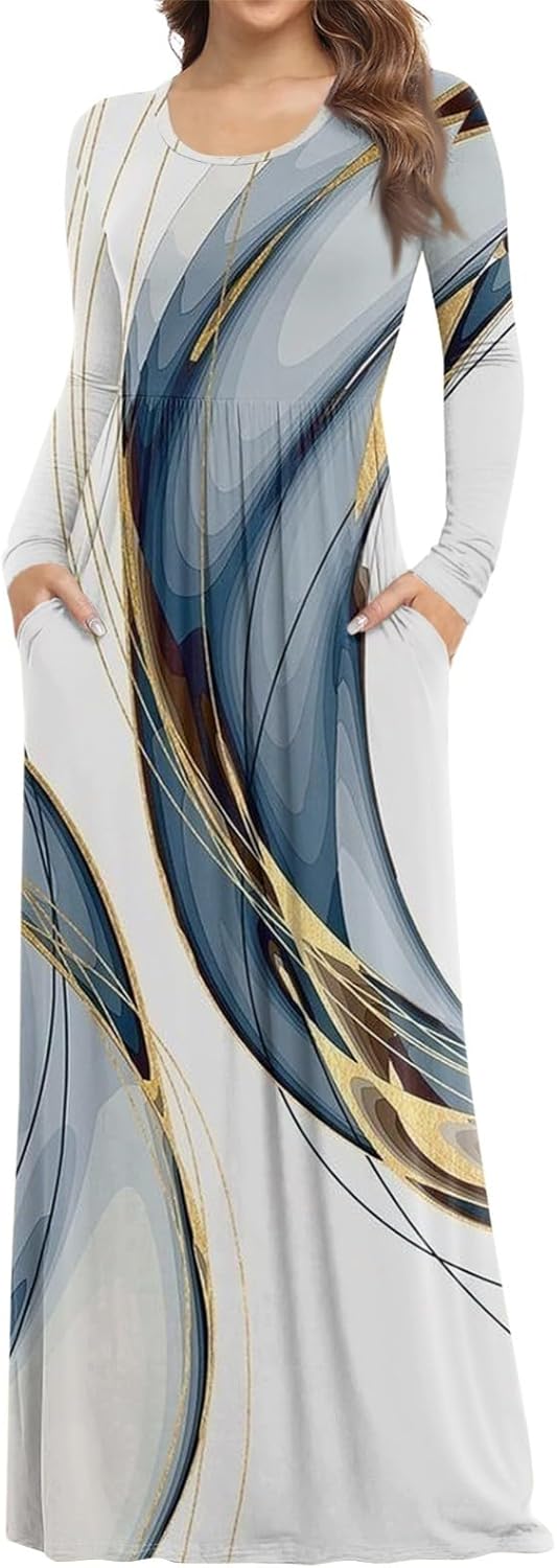 Long Sleeve Maxi Dress for Women Elegant Crew Neck Flowy Swing Dresses Solid Color Wedding Guest Dresses