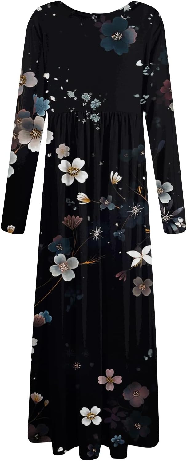 Long Sleeve Maxi Dress for Women Elegant Crew Neck Flowy Swing Dresses Solid Color Wedding Guest Dresses