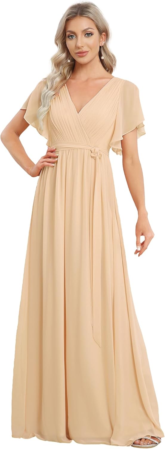 Ever-Pretty Women's Bridesmaid Dress V-Neck Ruffle Sleeves Ruched Bust Floor Length Chiffon Formal Dresses 0164A