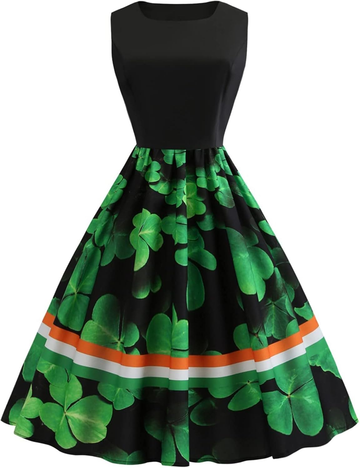 aihihe St Patricks Day Dress for Women A Line Pleated Hepburn Dress Lukcy Shamrock Print Irish Dress 2024 Vintage Dress