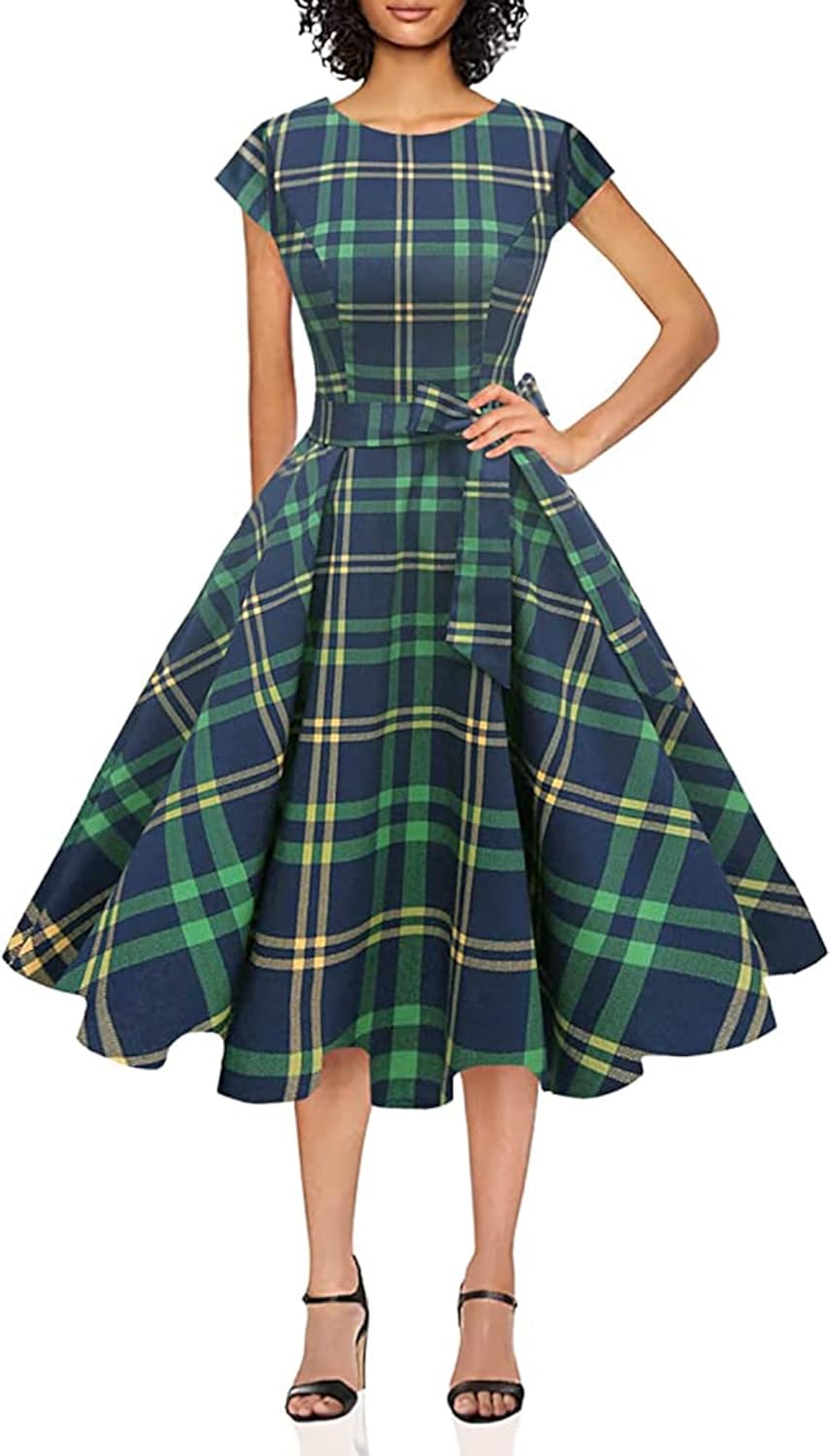 PUKAVT Women's 1950 Boatneck Cap Sleeve Vintage Swing Cocktail Party Dress with Pockets