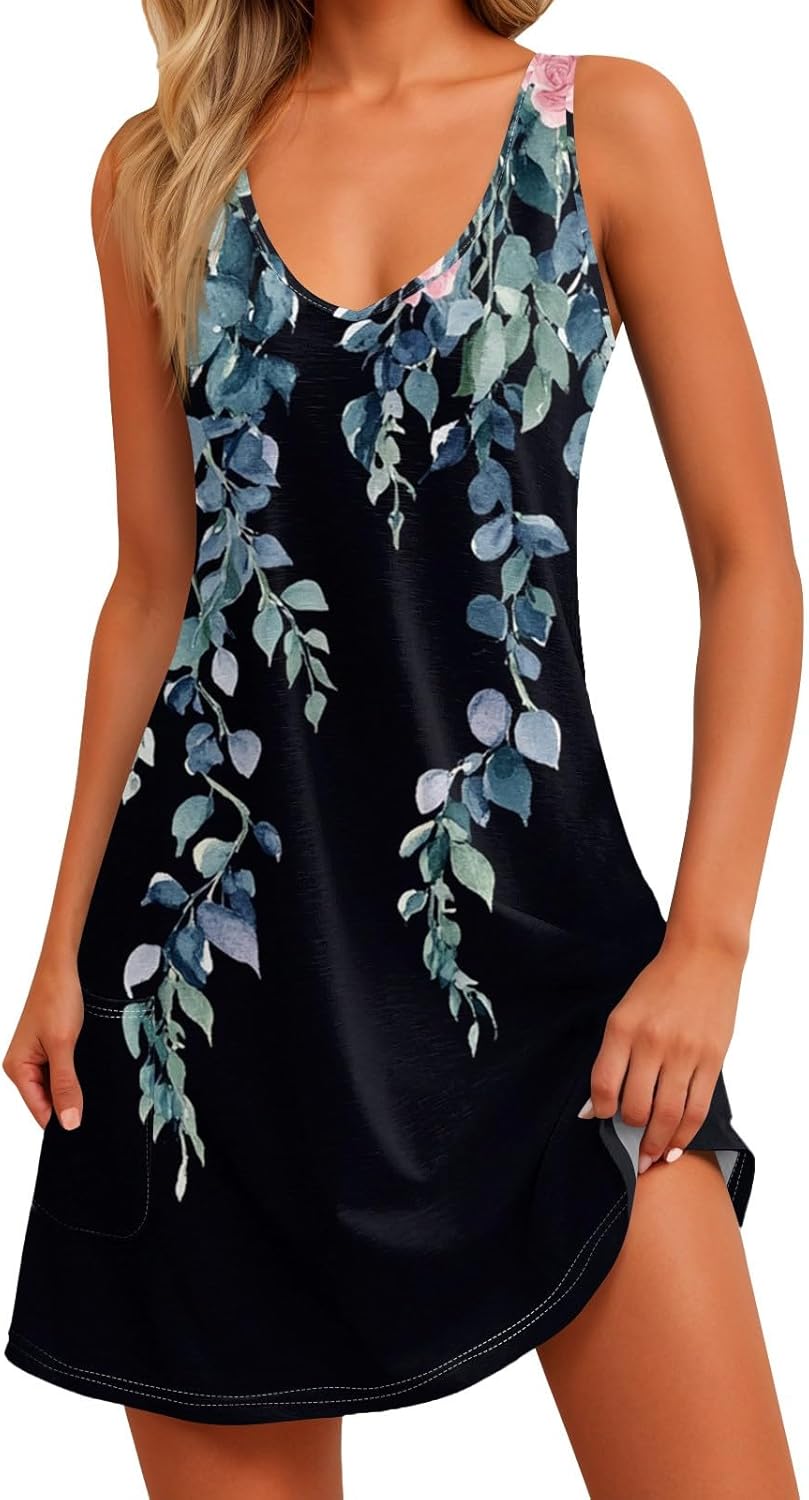 Women's Sleeveless Floral Print Summer Dress Casual V-Neck A-Line Mini Dress for Beach Party and Daily Wear