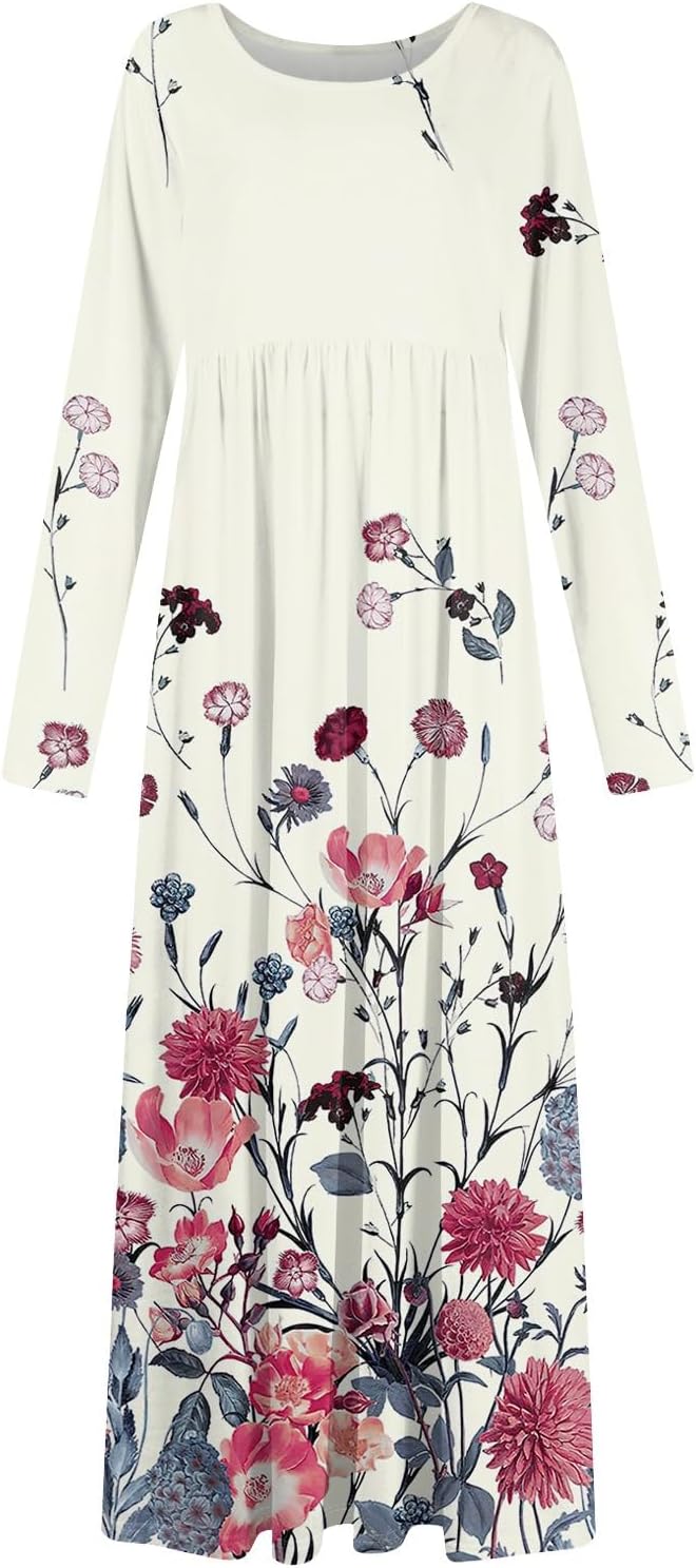 Long Sleeve Maxi Dress for Women Elegant Crew Neck Flowy Swing Dresses Solid Color Wedding Guest Dresses