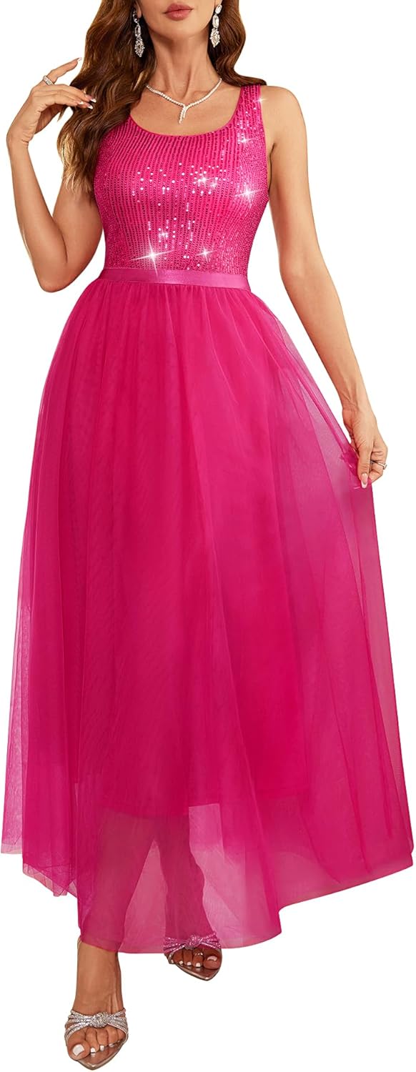 BeryLove Sequin Dress for Woman Vintage A Line Wedding Formal Swing Mesh Dress Sleeveless Cocktail Maxi Gowns