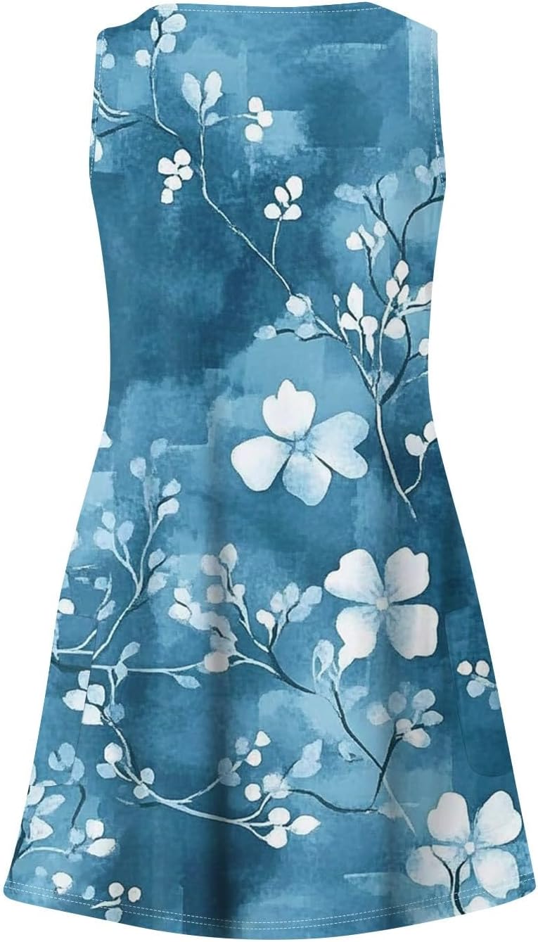 Women's Sleeveless Floral Print Summer Dress Casual V-Neck A-Line Mini Dress for Beach Party and Daily Wear