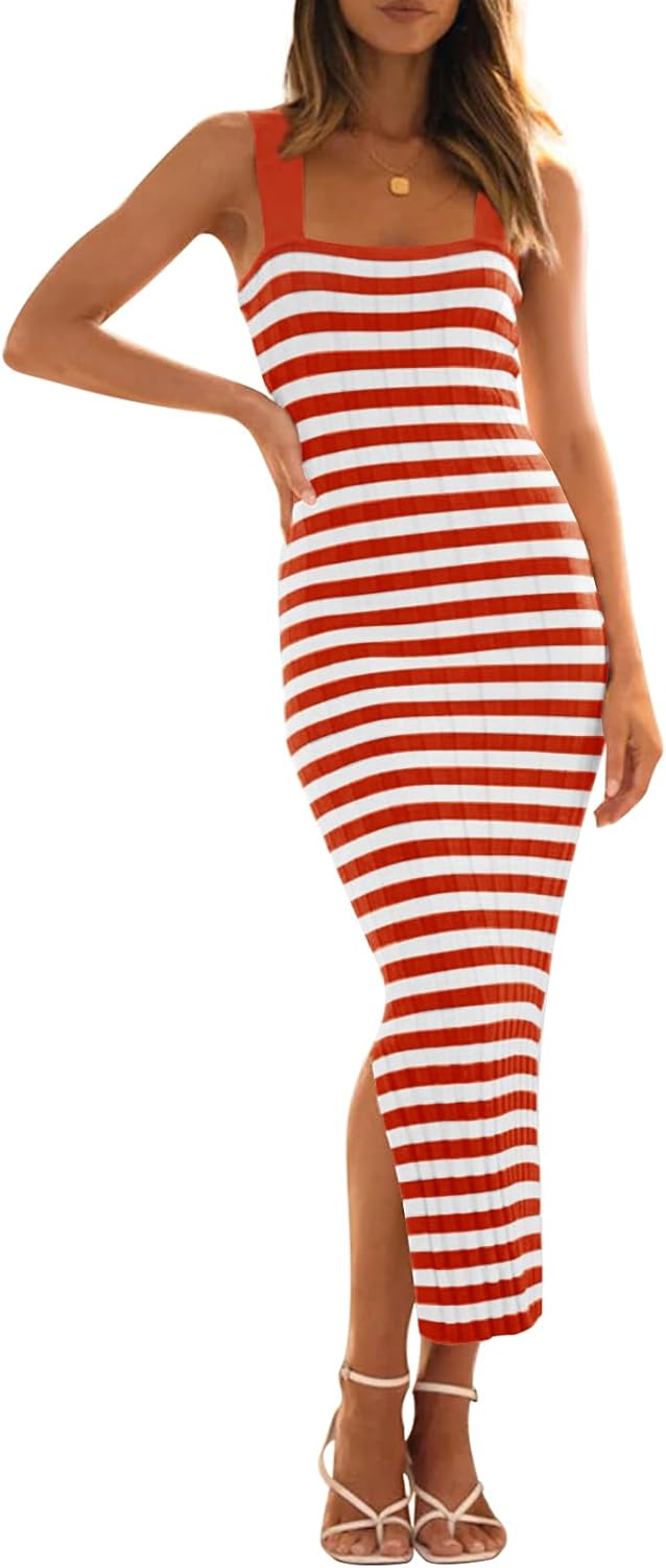 MEROKEETY Women's 2025 Summer Spring Bodycon Midi Dress Vacation Sleeveless Ribbed Knit Striped Party Sweater Dresses