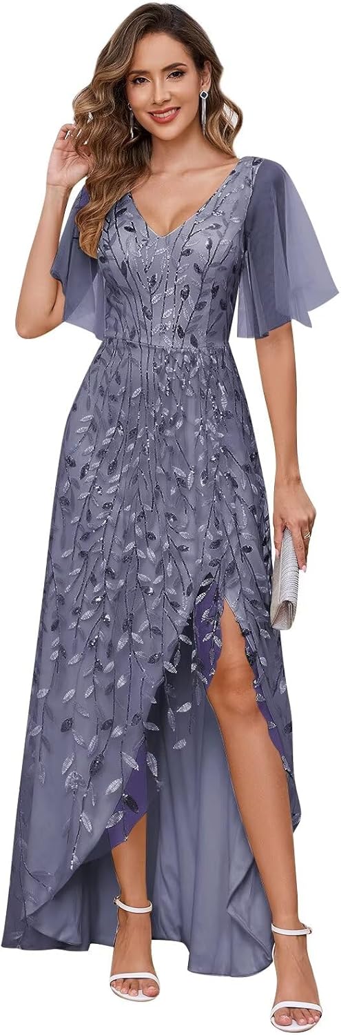 Women's Short Sleeve Mother of The Bride Dresses for Wedding Sparkly Sequin Long Formal Evening Dresses