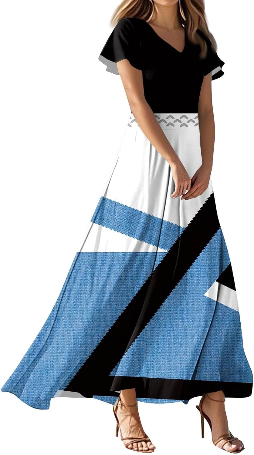 Womens Fashion V Neck Ruffle Short Sleeve Maxi Dress 2025 Summer Elegant Solid Color Flowy A Line Dresses